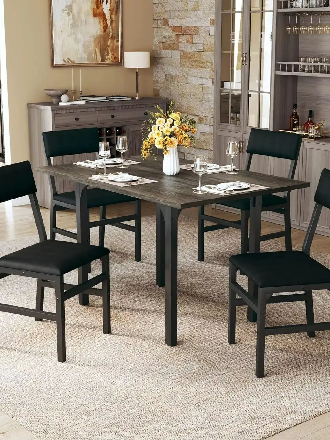 Dining Table Set for 4, Extendable Table W/4 Cushioned Chairs