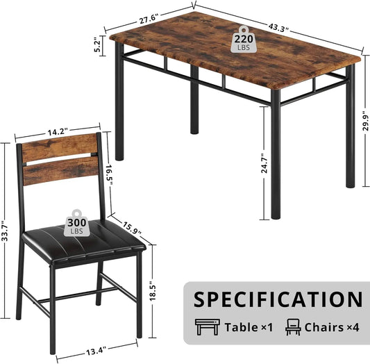 Dining Table Set for 4, Wood Kitchen Table with Upholstered Chairs for Small Spaces, Rustic Brown