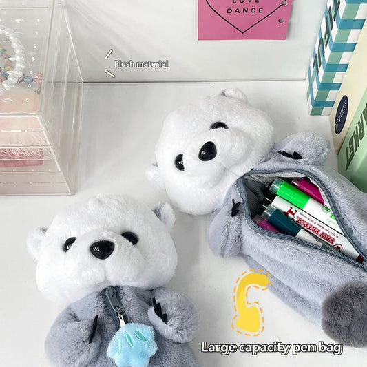Kawaii Plush Otter Pencil Case Large Capacity, Expandable Portable Cosmetic & Stationery Bag For Students, Soft Plush Material