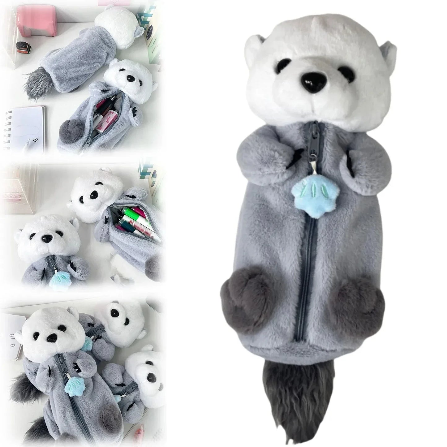 Kawaii Plush Otter Pencil Case Large Capacity, Expandable Portable Cosmetic & Stationery Bag For Students, Soft Plush Material
