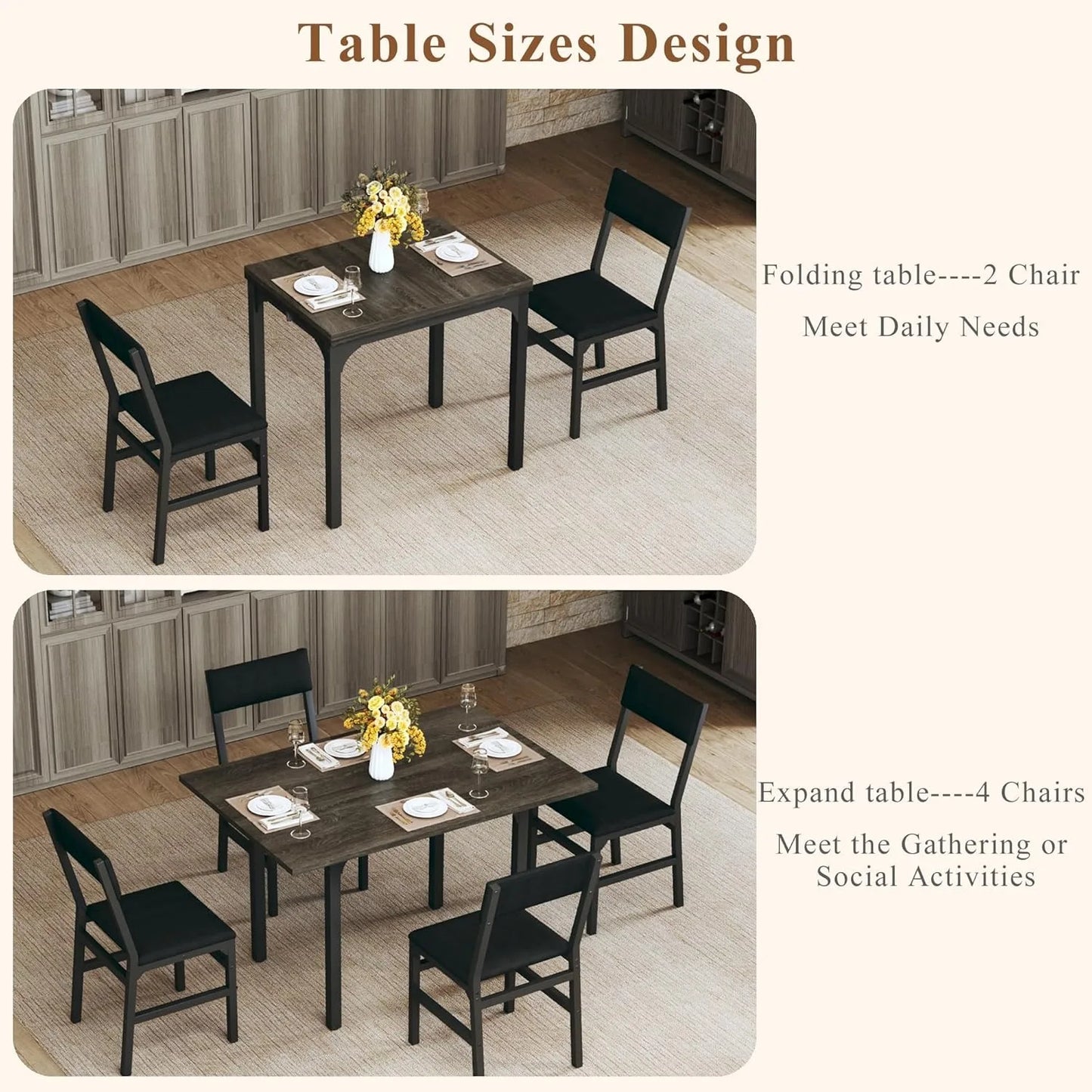 Dining Table Set for 4,  Extendable Table W/4 Cushioned Chairs
