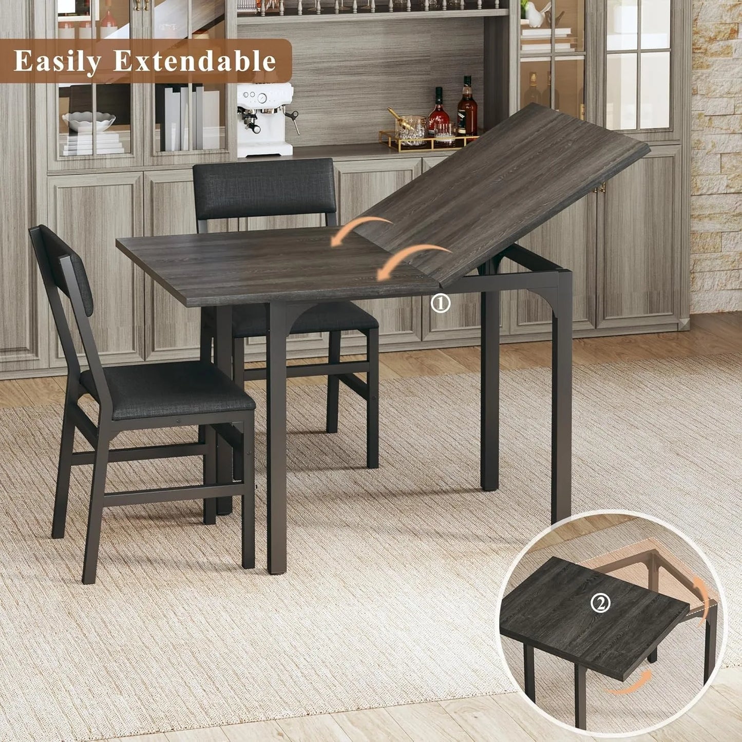 Dining Table Set for 4,  Extendable Table W/4 Cushioned Chairs
