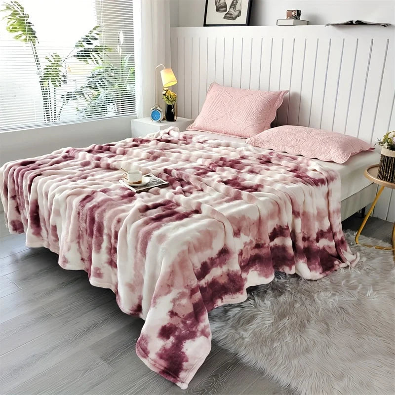 Ultra-Soft Faux Rabbit Fur Throw Blanket Tie-Dye Plush Warm Cozy All Seasons Reversible Machine Washable Perfect For Sofa Bed