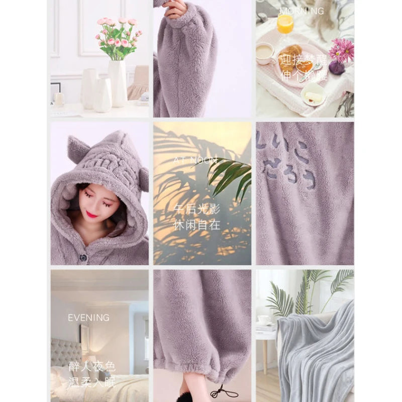 WOSTAR Winter soft fleece blanket with sleeves hooded Sweater blanket wearable oversized outdoor warm flannel hoodie blanket