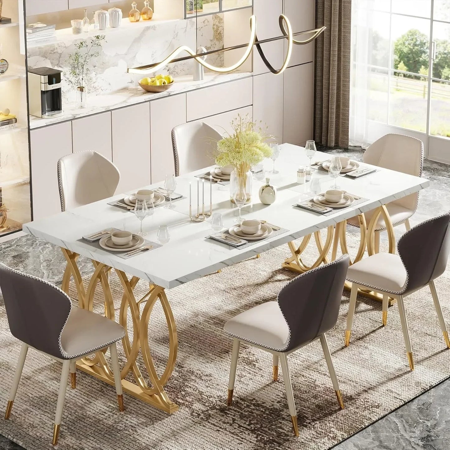 Modern Dining Table, 63" Large Kitchen Table for 4-6 People,