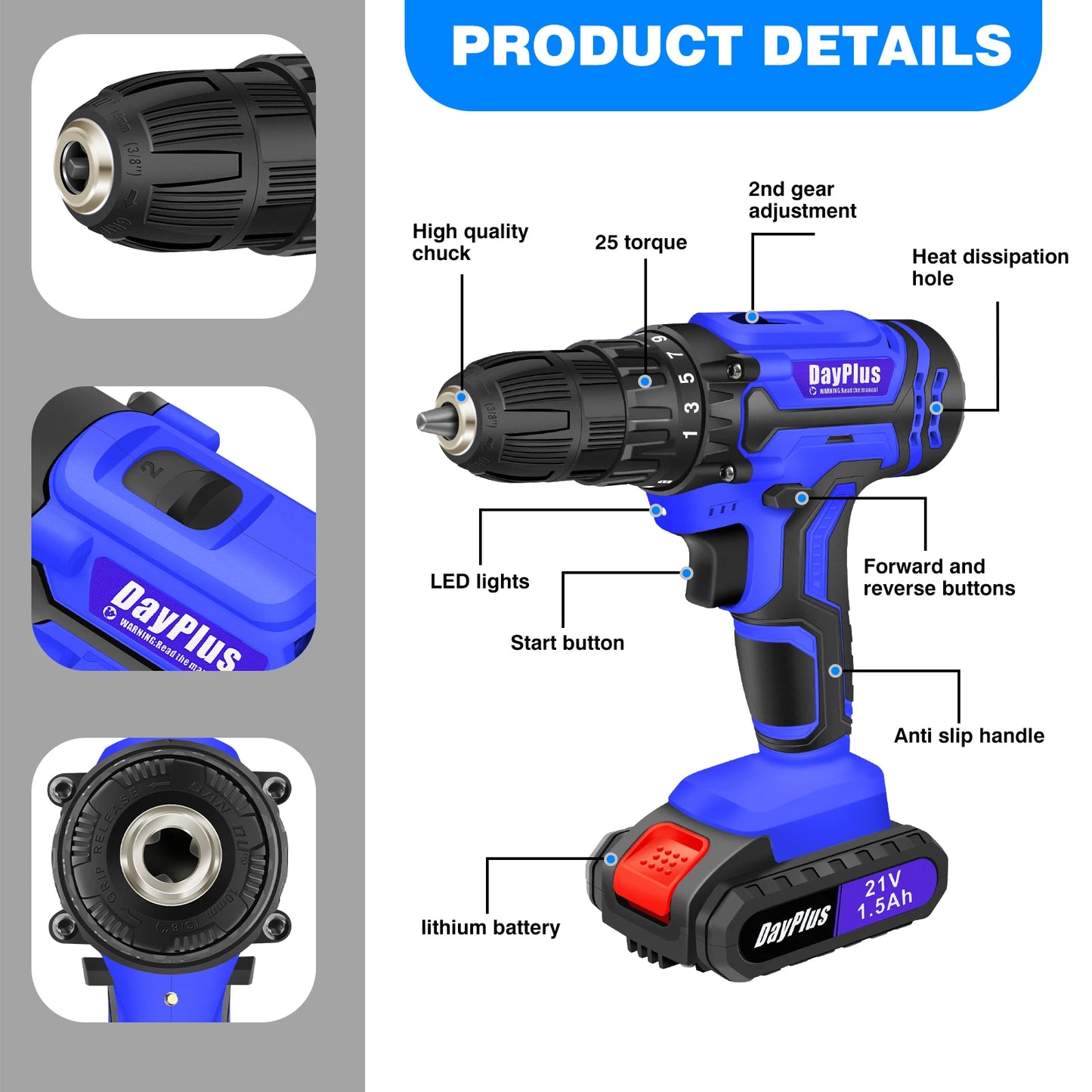 21V Cordless Power Drill or Driver, W/ Battery and access