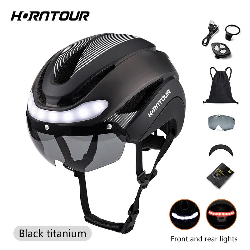 Adult Bike Helmets with Rechargeable LED Rear Light, Visor, Magnetic Goggles