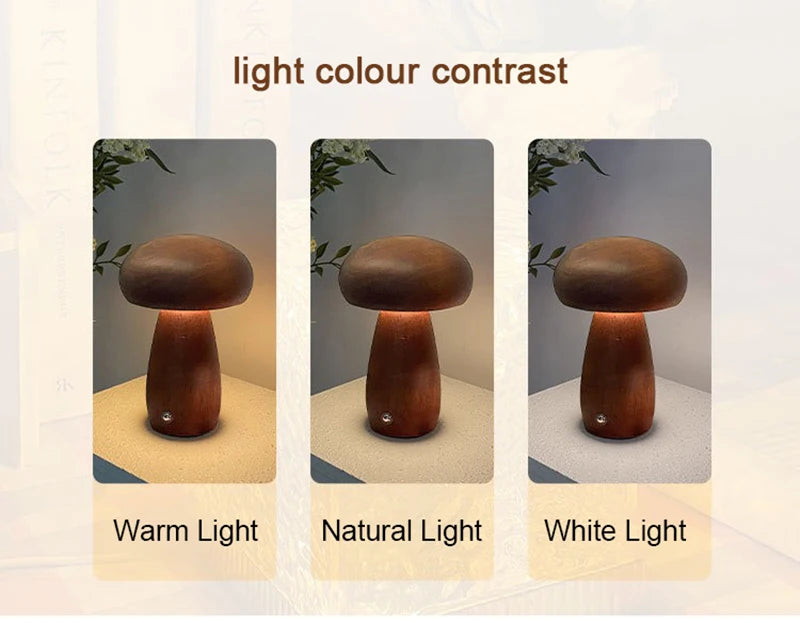 Wooden Mushrooms Night Light Touch Switch Bedroom Bedside Table Lamp Walnut Beech Wood Warm Dimmable Desk Light USB Chargeable