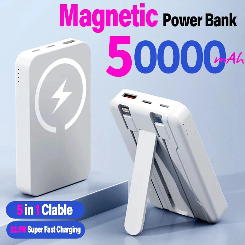 50000mAh Magnetic Power Bank for iPhone 15 14 13 22.5W 15W Fast Charging Wireless Powerbank With Cable Holder for Samsung Xiaomi