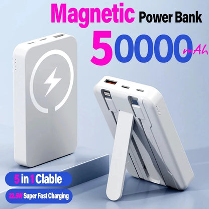 50000mAh Magnetic Power Bank for iPhone 15 14 13 22.5W 15W Fast Charging Wireless Powerbank With Cable Holder for Samsung Xiaomi