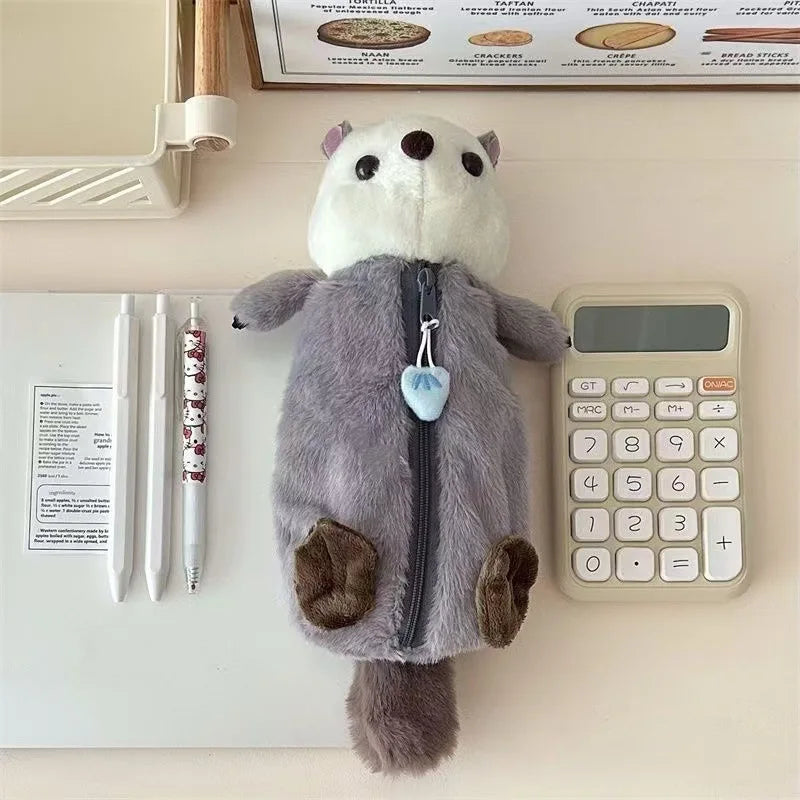 Kawaii Plush Otter Pencil Case Large Capacity, Expandable Portable Cosmetic & Stationery Bag For Students, Soft Plush Material