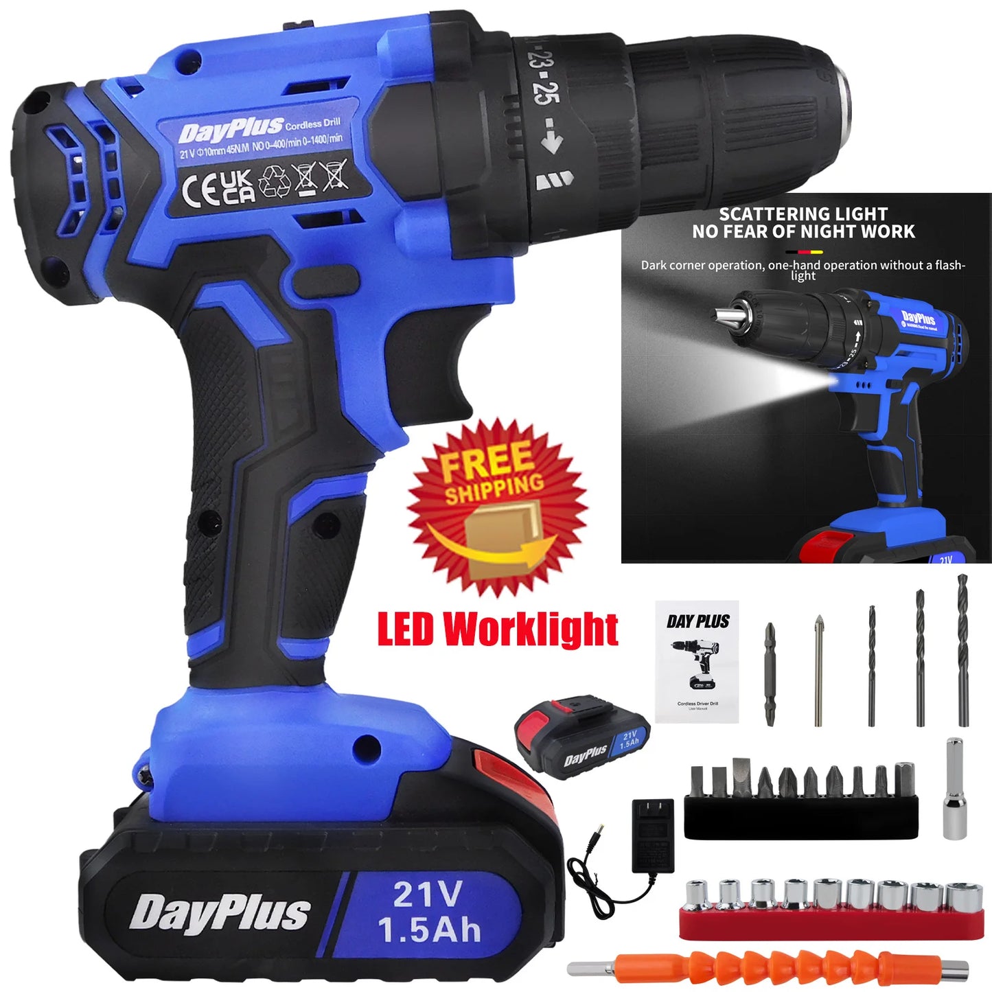 21V Cordless Power Drill or Driver, W/ Battery and access