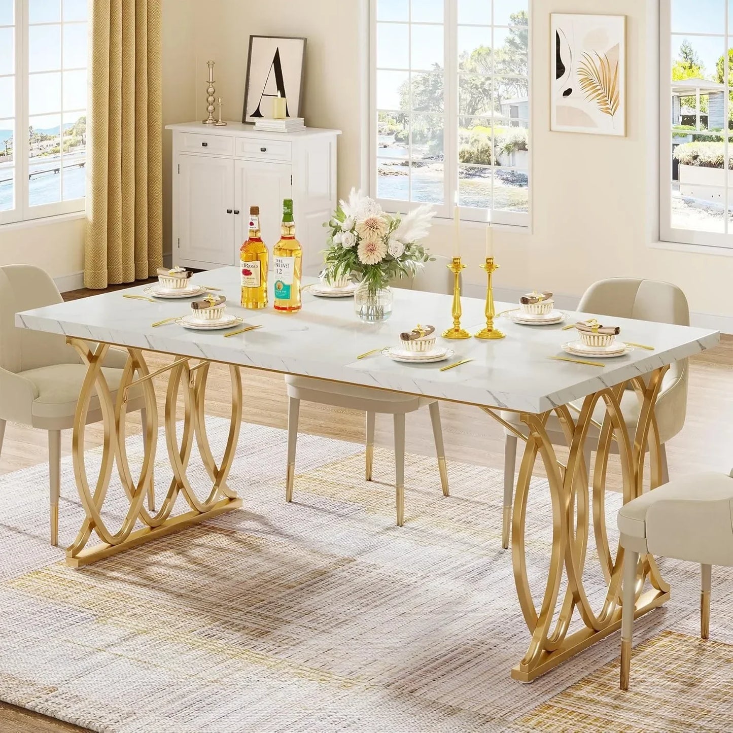 Modern Dining Table, 63" Large Kitchen Table for 4-6 People,