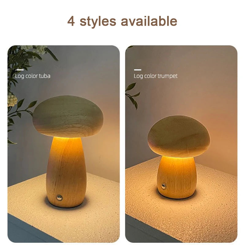 Wooden Mushrooms Night Light Touch Switch Bedroom Bedside Table Lamp Walnut Beech Wood Warm Dimmable Desk Light USB Chargeable