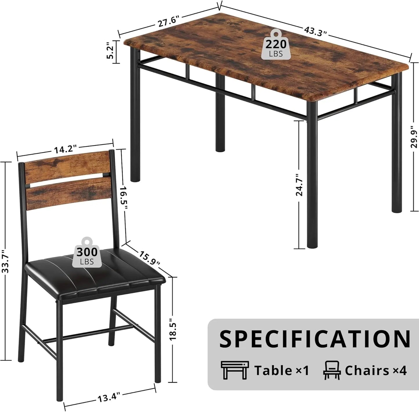 Dining Table Set for 4, Wood Kitchen Table with Upholstered Chairs for Small Spaces, Rustic Brown