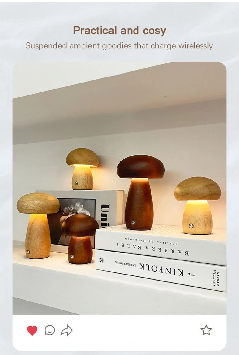 Wooden Mushrooms Night Light Touch Switch Bedroom Bedside Table Lamp Walnut Beech Wood Warm Dimmable Desk Light USB Chargeable