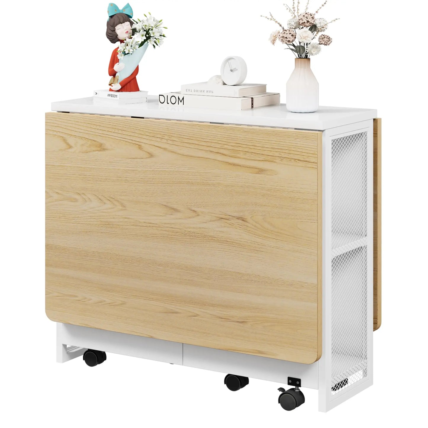 Folding Dining Table, Drop Leaf Dining Table for 4, Foldable Kitchen Table with 2 Storage Shelf