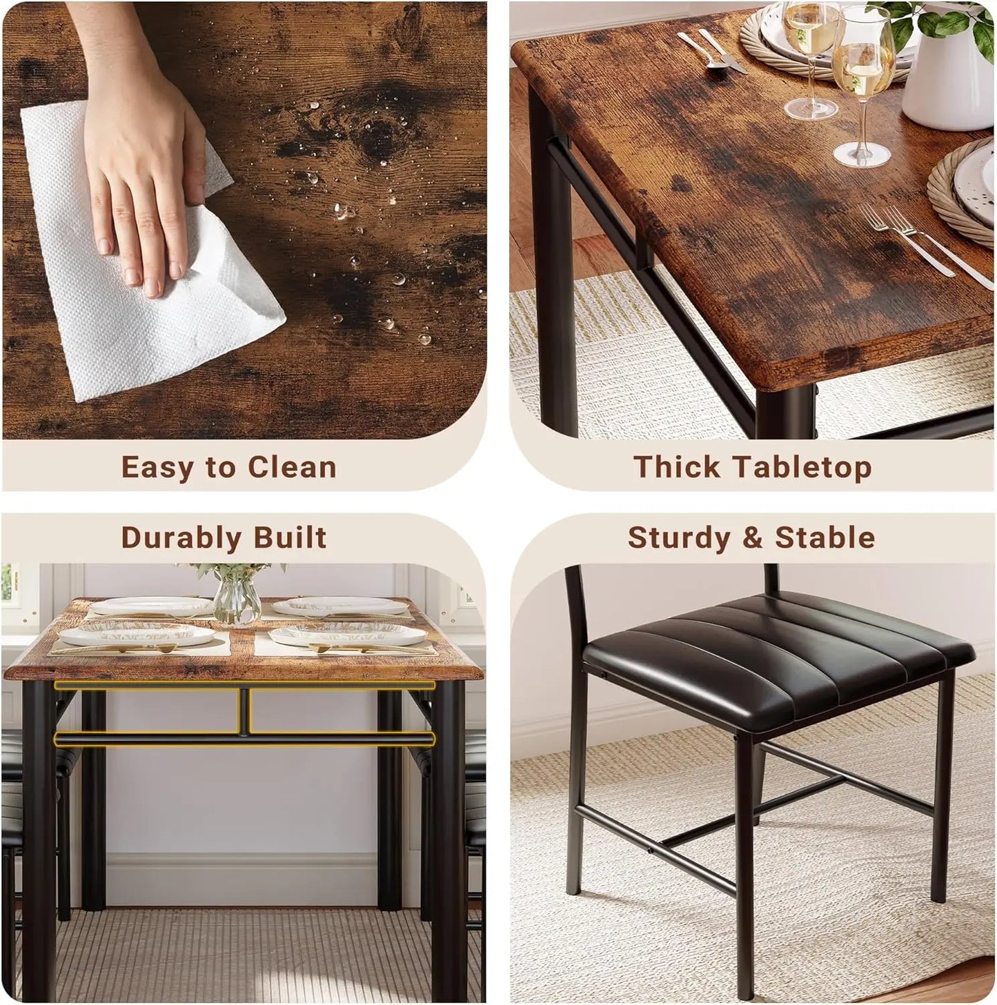 Dining Table Set for 4, Wood Kitchen Table with Upholstered Chairs for Small Spaces, Rustic Brown
