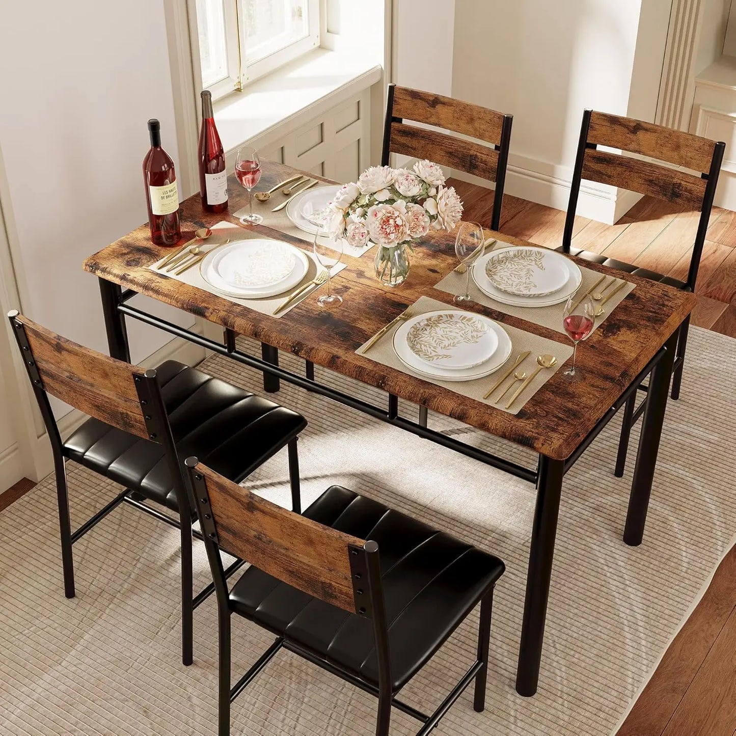 Dining Table Set for 4, Wood Kitchen Table with Upholstered Chairs for Small Spaces, Rustic Brown