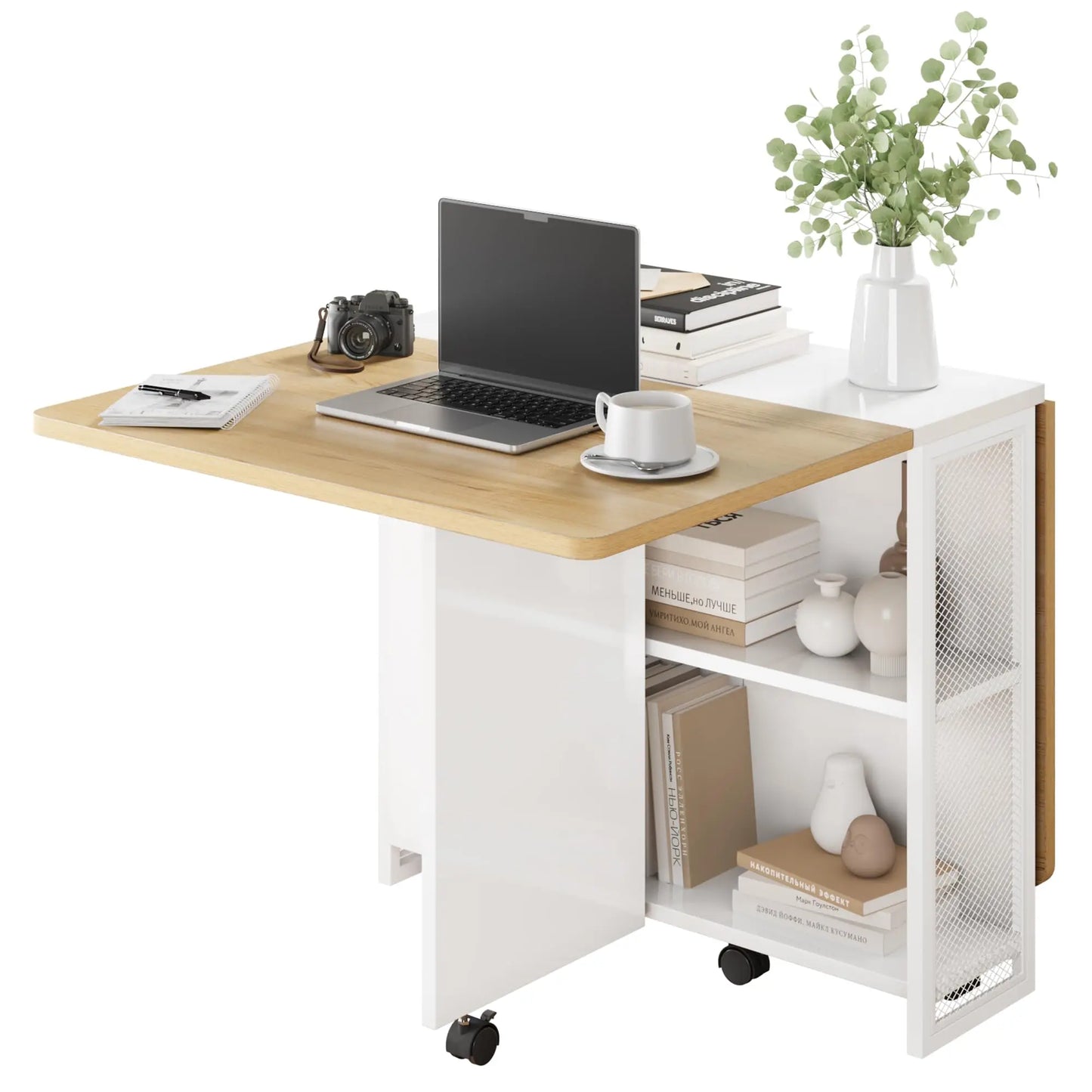 Folding Dining Table, Drop Leaf Dining Table for 4, Foldable Kitchen Table with 2 Storage Shelf