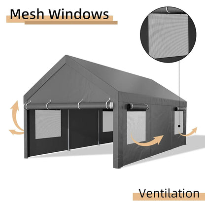 12x20FT Heavy Duty Carport,Removable Side Walls & Roll-Up Door