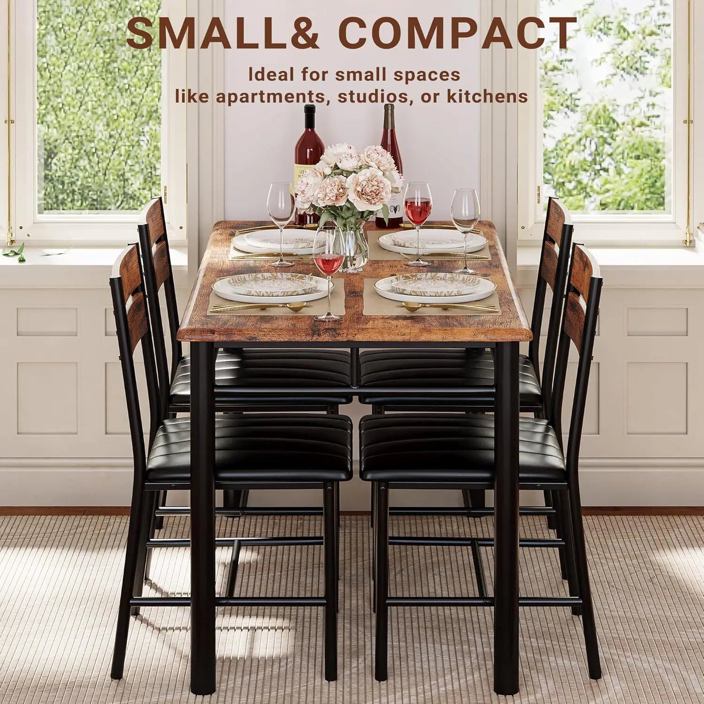 Dining Table Set for 4, Wood Kitchen Table with Upholstered Chairs for Small Spaces, Rustic Brown