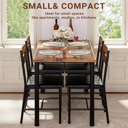 Dining Table Set for 4, Wood Kitchen Table with Upholstered Chairs for Small Spaces, Rustic Brown