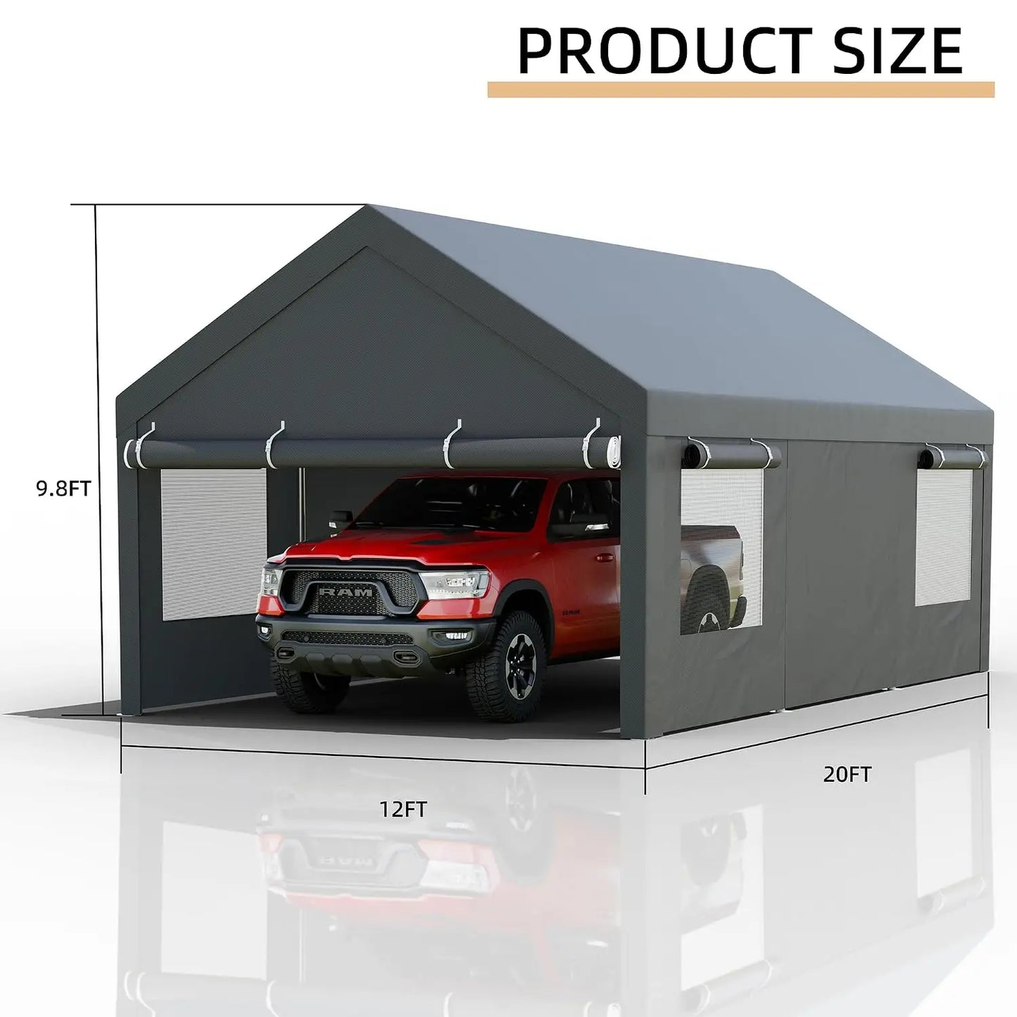 12x20FT Heavy Duty Carport,Removable Side Walls & Roll-Up Door