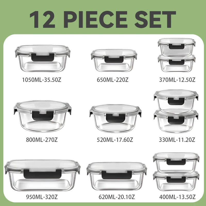 12pcs Glass Lunch Box Food Storage Containers