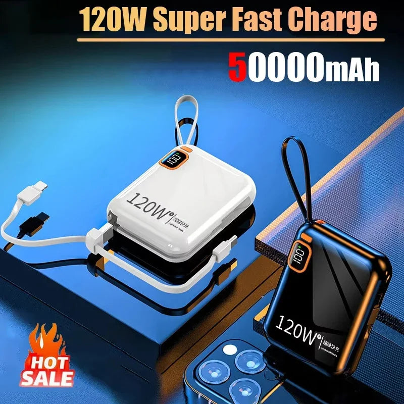 120W Power Bank 50000mah Portable High Capacity Cable Two-way Fast Charging Mini 2in1 Wire Powerbank For Iphone Samsung Xiaomi