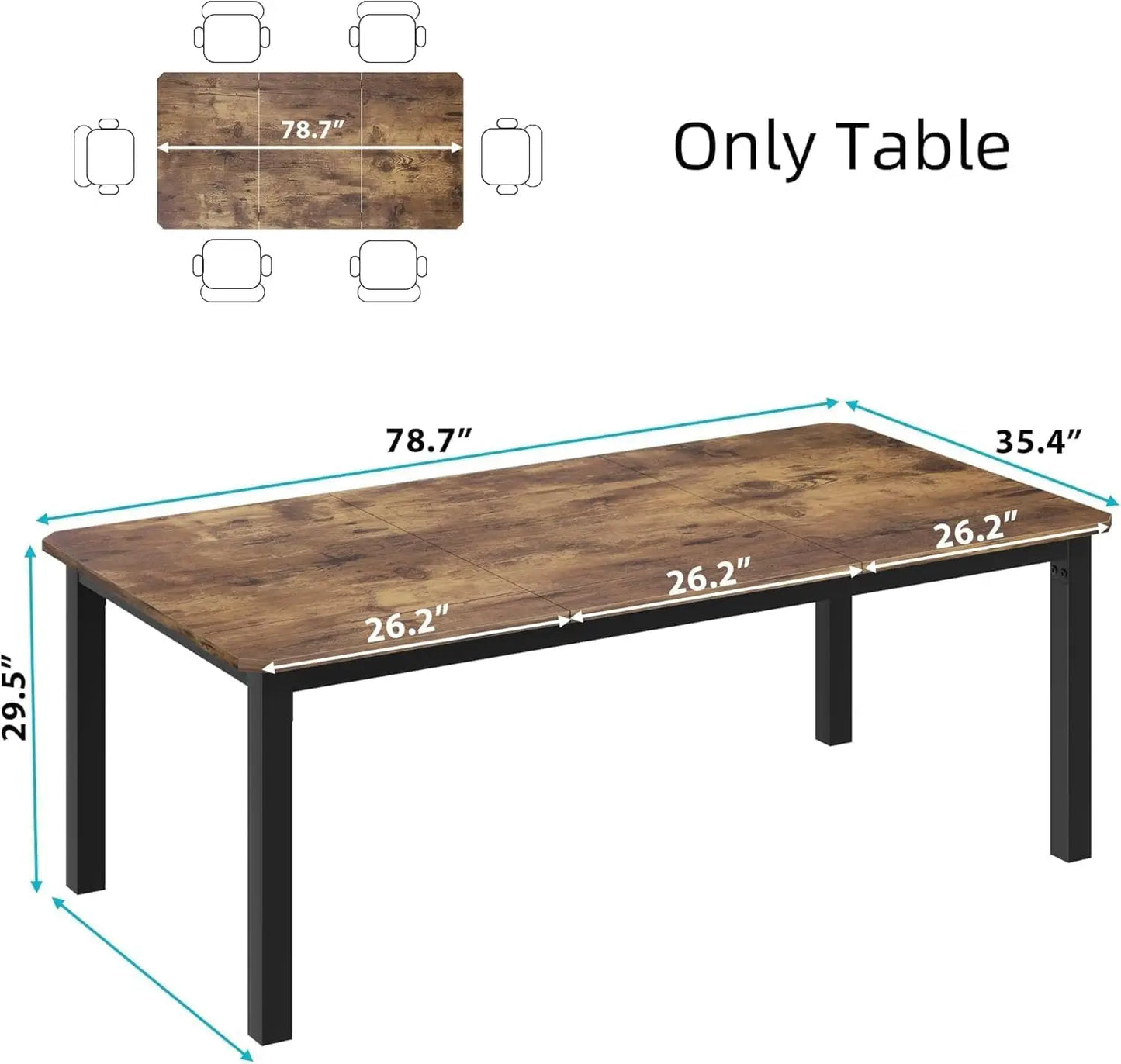 78.7 Inch Rectangle Wood W/Steel Legs, Seats 6
