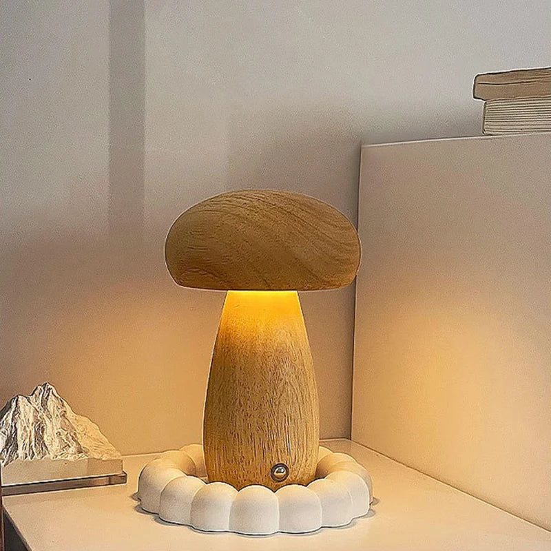 Wooden Mushrooms Night Light Touch Switch Bedroom Bedside Table Lamp Walnut Beech Wood Warm Dimmable Desk Light USB Chargeable