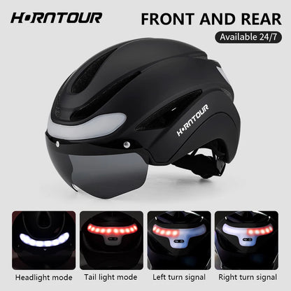 Adult Bike Helmets with Rechargeable LED Rear Light, Visor, Magnetic Goggles