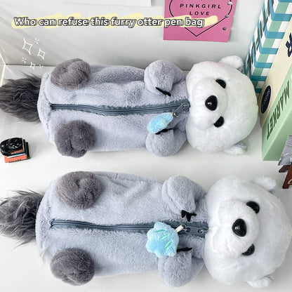 Kawaii Plush Otter Pencil Case Large Capacity, Expandable Portable Cosmetic & Stationery Bag For Students, Soft Plush Material