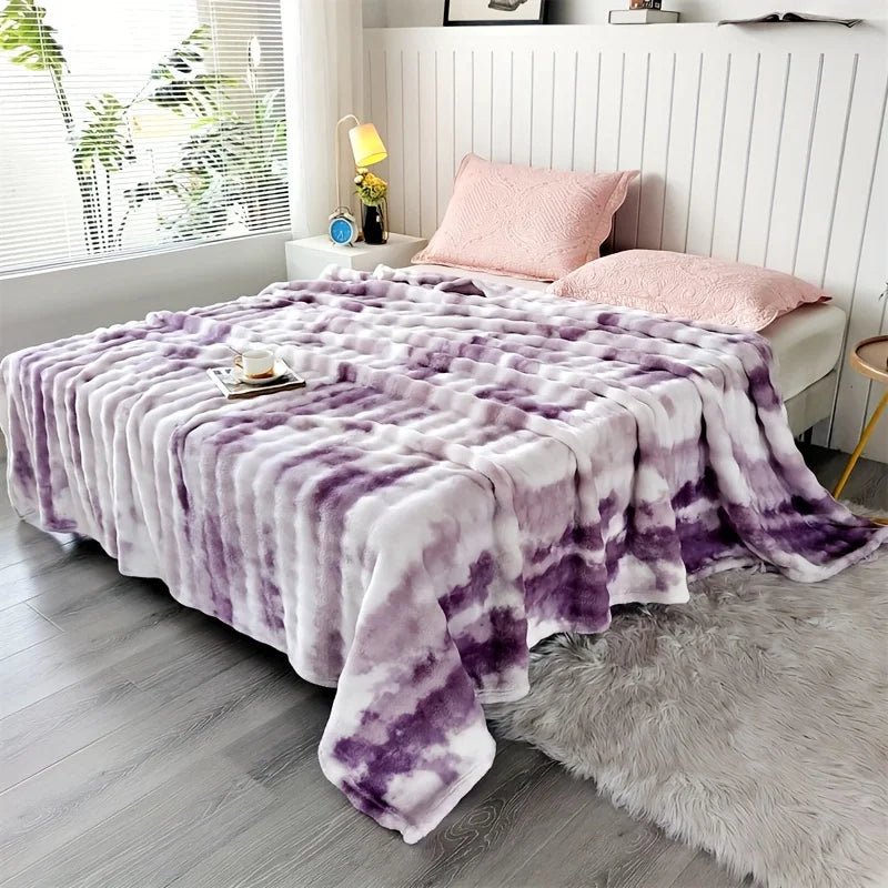 Ultra-Soft Faux Rabbit Fur Throw Blanket Tie-Dye Plush Warm Cozy All Seasons Reversible Machine Washable Perfect For Sofa Bed