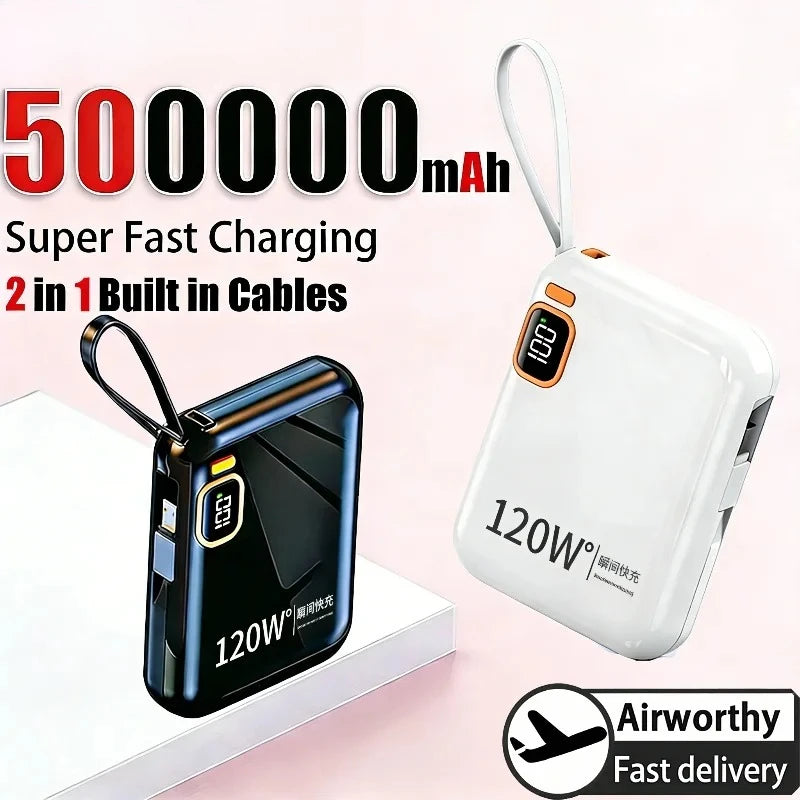 120W Power Bank 50000mah Portable High Capacity Cable Two-way Fast Charging Mini 2in1 Wire Powerbank For Iphone Samsung Xiaomi