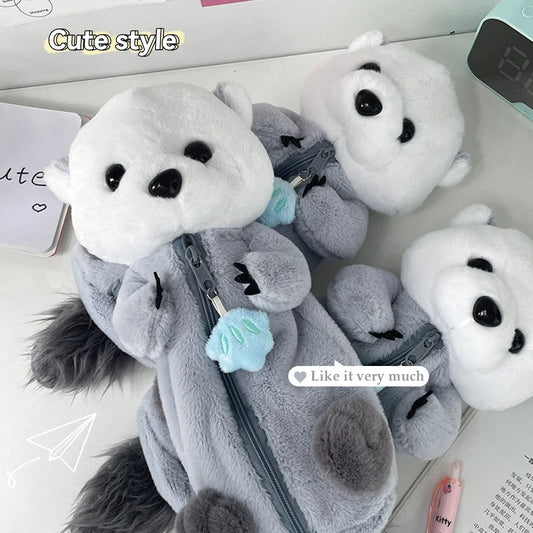 Kawaii Plush Otter Pencil Case Large Capacity, Expandable Portable Cosmetic & Stationery Bag For Students, Soft Plush Material