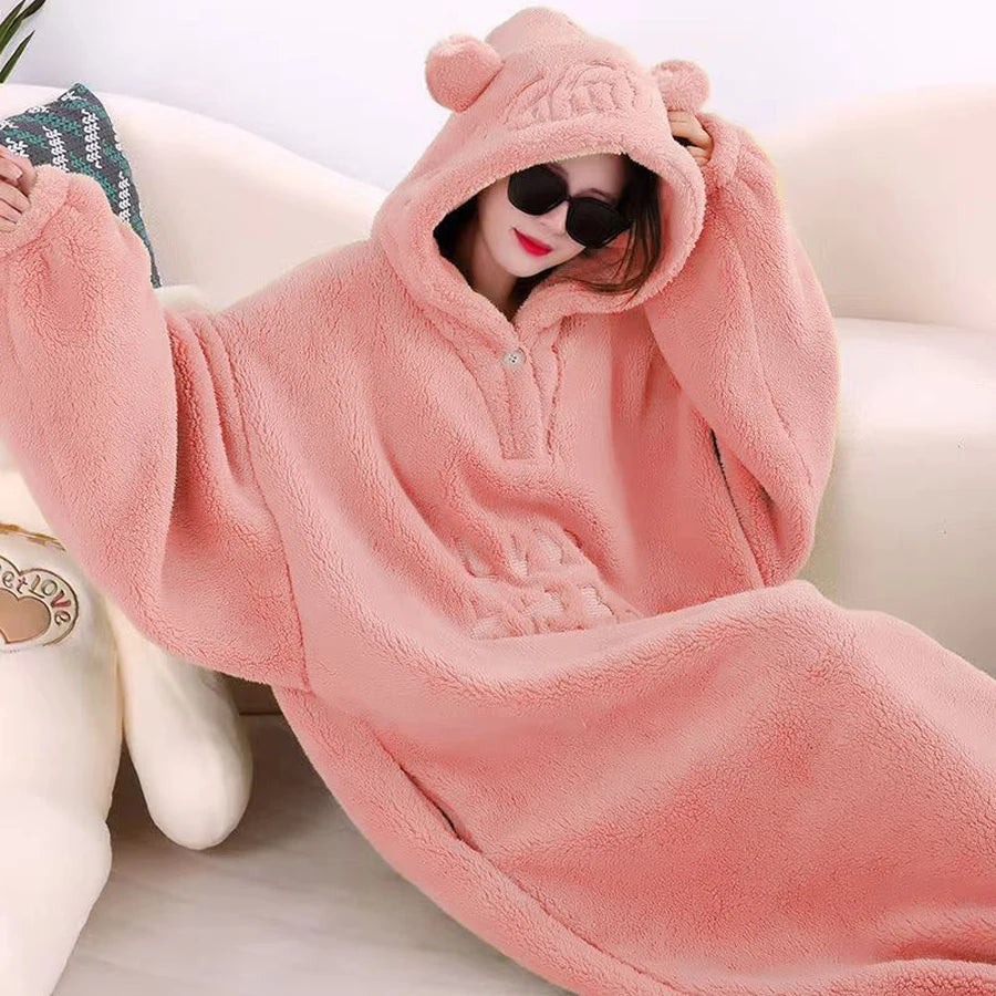 WOSTAR Winter soft fleece blanket with sleeves hooded Sweater blanket wearable oversized outdoor warm flannel hoodie blanket