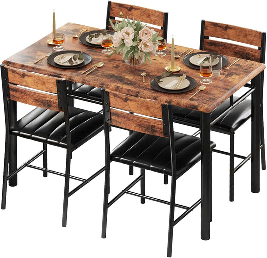 Dining Table Set for 4, Wood Kitchen Table with Upholstered Chairs for Small Spaces, Rustic Brown