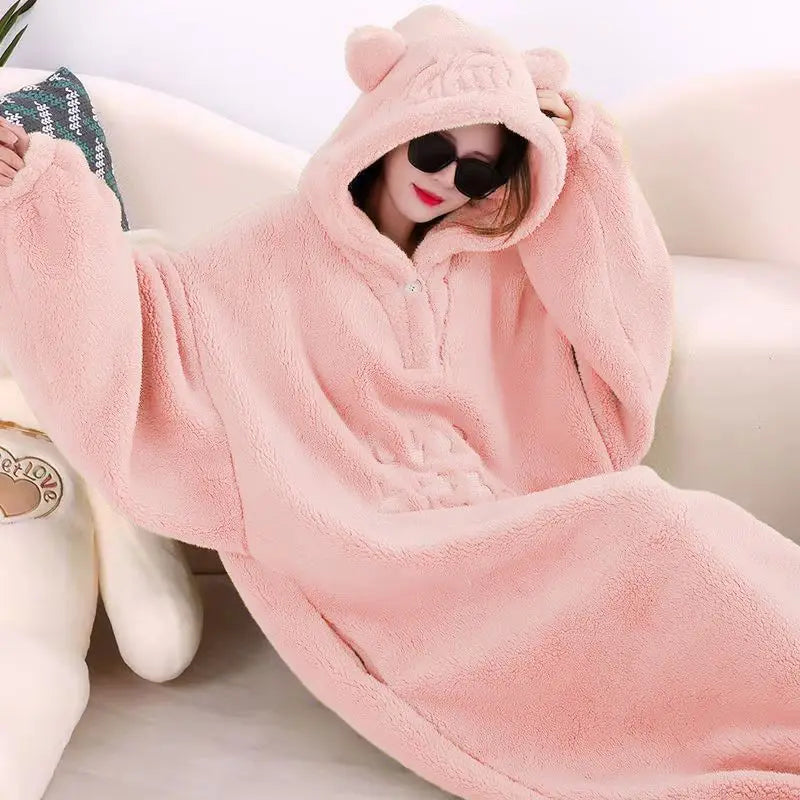 WOSTAR Winter soft fleece blanket with sleeves hooded Sweater blanket wearable oversized outdoor warm flannel hoodie blanket