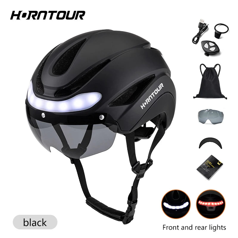 Adult Bike Helmets with Rechargeable LED Rear Light, Visor, Magnetic Goggles
