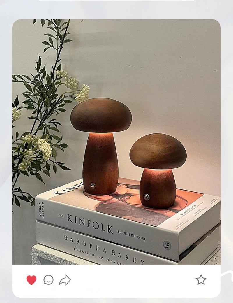 Wooden Mushrooms Night Light Touch Switch Bedroom Bedside Table Lamp Walnut Beech Wood Warm Dimmable Desk Light USB Chargeable