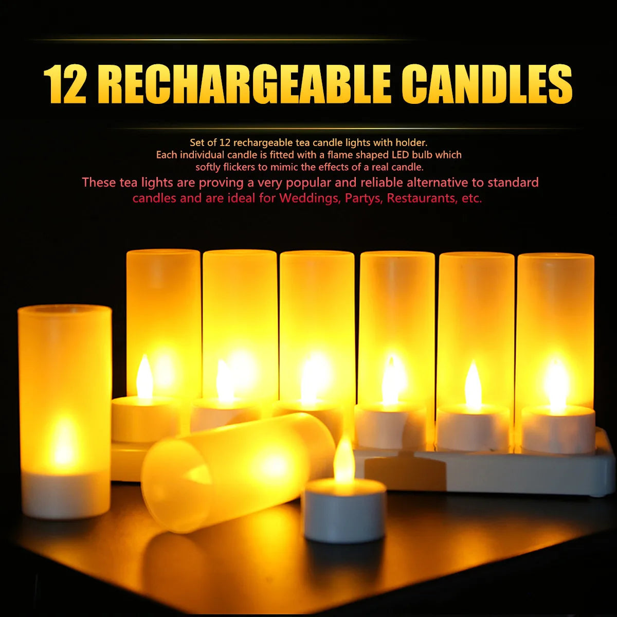 12Pcs LED Candle Lamp Rechargeable Creative Flickering Simulation Flame Candle Night Light Tea Light for Party Home Decoration