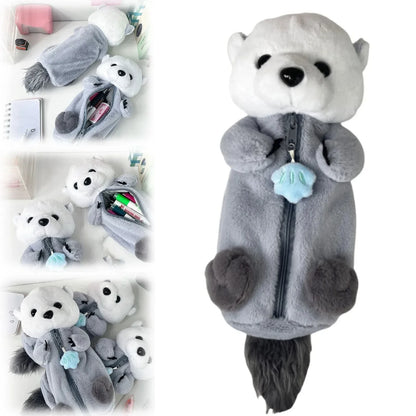 Kawaii Plush Otter Pencil Case Large Capacity, Expandable Portable Cosmetic & Stationery Bag For Students, Soft Plush Material