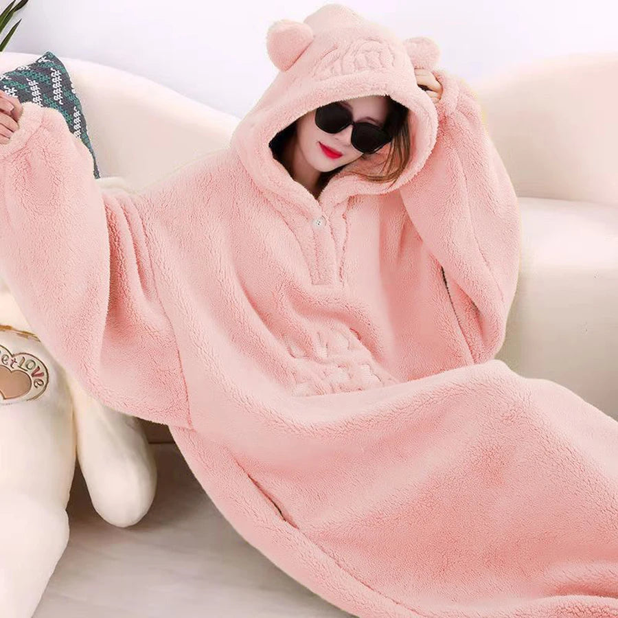 WOSTAR Winter soft fleece blanket with sleeves hooded Sweater blanket wearable oversized outdoor warm flannel hoodie blanket