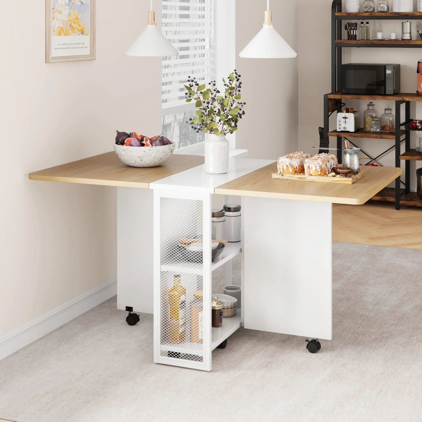 Folding Dining Table, Drop Leaf Dining Table for 4, Foldable Kitchen Table with 2 Storage Shelf