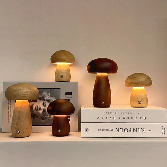 Wooden Mushrooms Night Light Touch Switch Bedroom Bedside Table Lamp Walnut Beech Wood Warm Dimmable Desk Light USB Chargeable