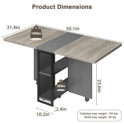 Folding Dining Table, Drop Leaf Dining Table for 4, Foldable Kitchen Table with 2 Storage Shelf