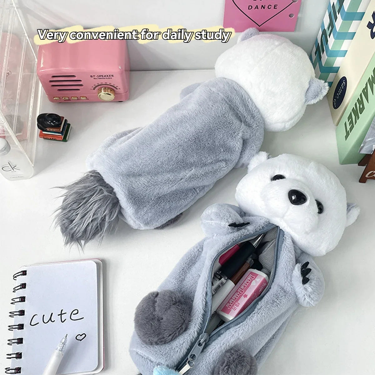 Kawaii Plush Otter Pencil Case Large Capacity, Expandable Portable Cosmetic & Stationery Bag For Students, Soft Plush Material