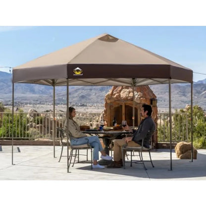 14x14 Pop up Gazebo for patio and outdoor activities, 300D silver-coated fabric, beige coffee, UV resistant with patented cente